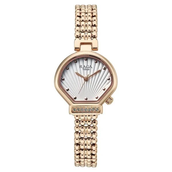 Titan Raga Spotlight Quartz Analog White Dial Rose Gold Metal Strap Watch For Women
