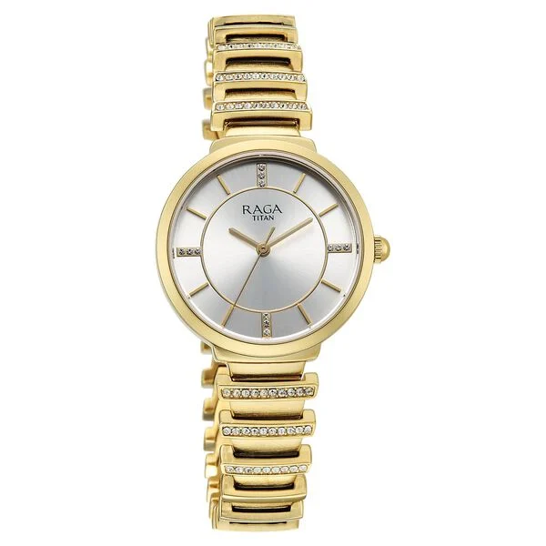 Titan Raga Spotlight Quartz Analog Silver Dial Golden Metal Strap Watch For Women