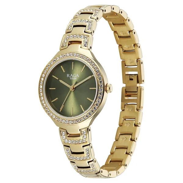 Titan Raga Spotlight Quartz Analog Green Dial Golden Metal Strap Watch For Women