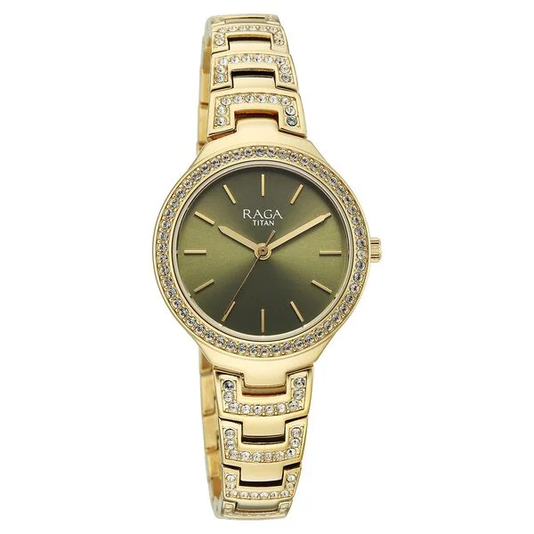 Titan Raga Spotlight Quartz Analog Green Dial Golden Metal Strap Watch For Women