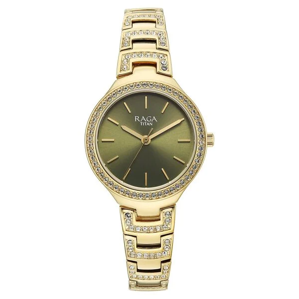 Titan Raga Spotlight Quartz Analog Green Dial Golden Metal Strap Watch For Women