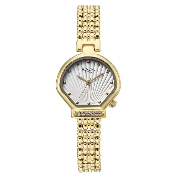 Titan Raga Spotlight Quartz Analog White Dial Golden Metal Strap Watch For Women