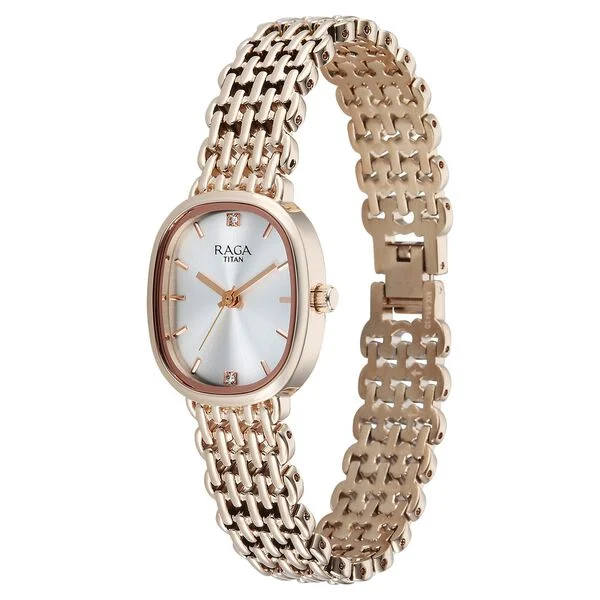 Titan Raga Spotlight Quartz Analog Silver Dial Rose Gold Metal Strap Watch For Women