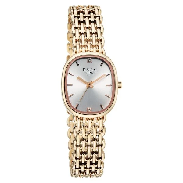Titan Raga Spotlight Quartz Analog Silver Dial Rose Gold Metal Strap Watch For Women