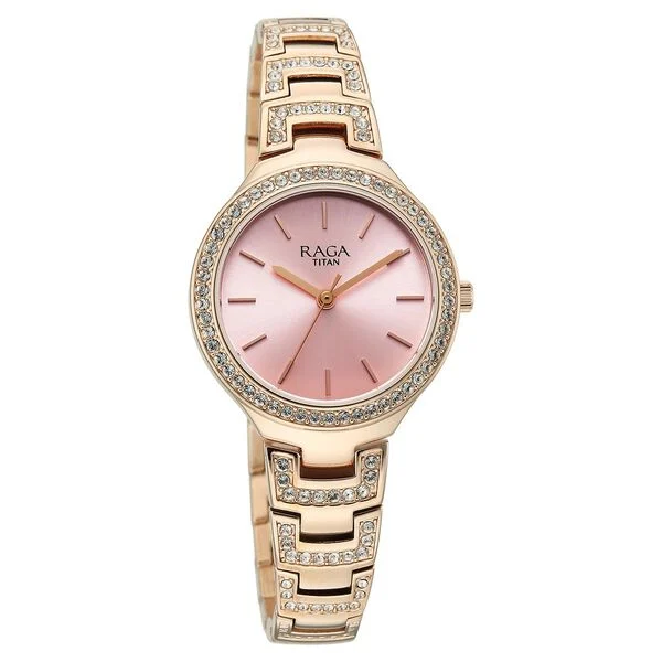 Titan Raga Spotlight Quartz Analog Pink Dial Rose Gold Metal Strap Watch For Women