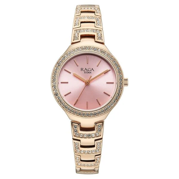 Titan Raga Spotlight Quartz Analog Pink Dial Rose Gold Metal Strap Watch For Women