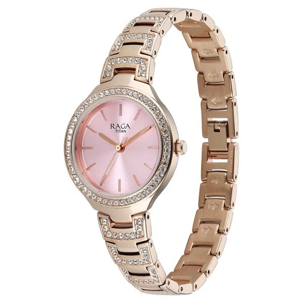 Titan Raga Spotlight Quartz Analog Pink Dial Rose Gold Metal Strap Watch For Women