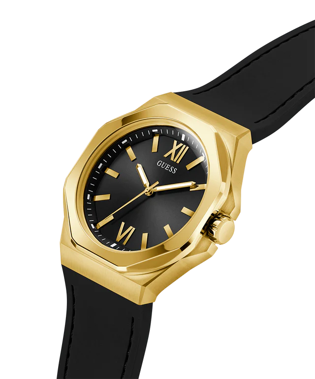 GUESS Mens Black Gold Tone Analog Watch