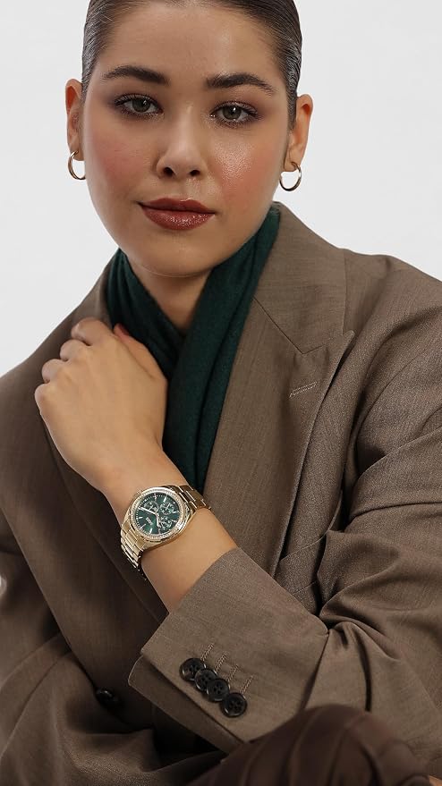 BOSS Atea Qtz Multifunction Green Round Dial Women's Watch|Ionic Plated Thin Gold Steel Material|Gold Color Band