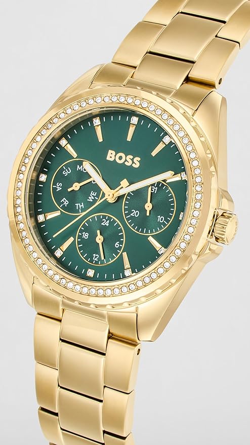 BOSS Atea Qtz Multifunction Green Round Dial Women's Watch|Ionic Plated Thin Gold Steel Material|Gold Color Band