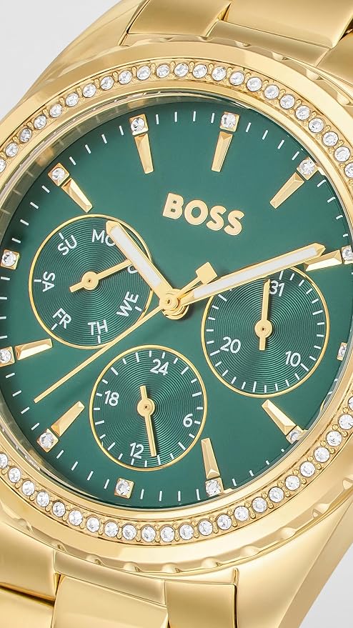 BOSS Atea Qtz Multifunction Green Round Dial Women's Watch|Ionic Plated Thin Gold Steel Material|Gold Color Band