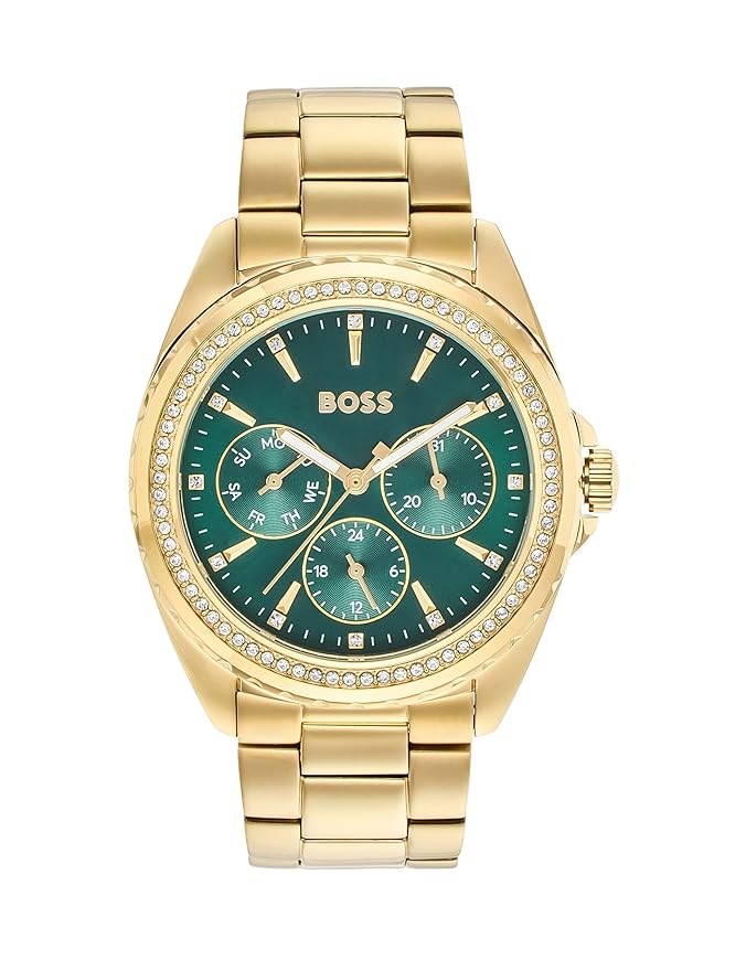 BOSS Atea Qtz Multifunction Green Round Dial Women's Watch|Ionic Plated Thin Gold Steel Material|Gold Color Band