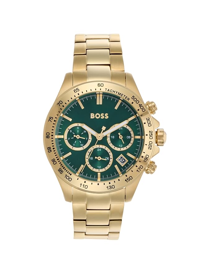 BOSS Novia - Le Qtz Multifunction Green Round Dial Women's Watch|Ionic Plated Thin Gold Steel Material|Gold Color Band