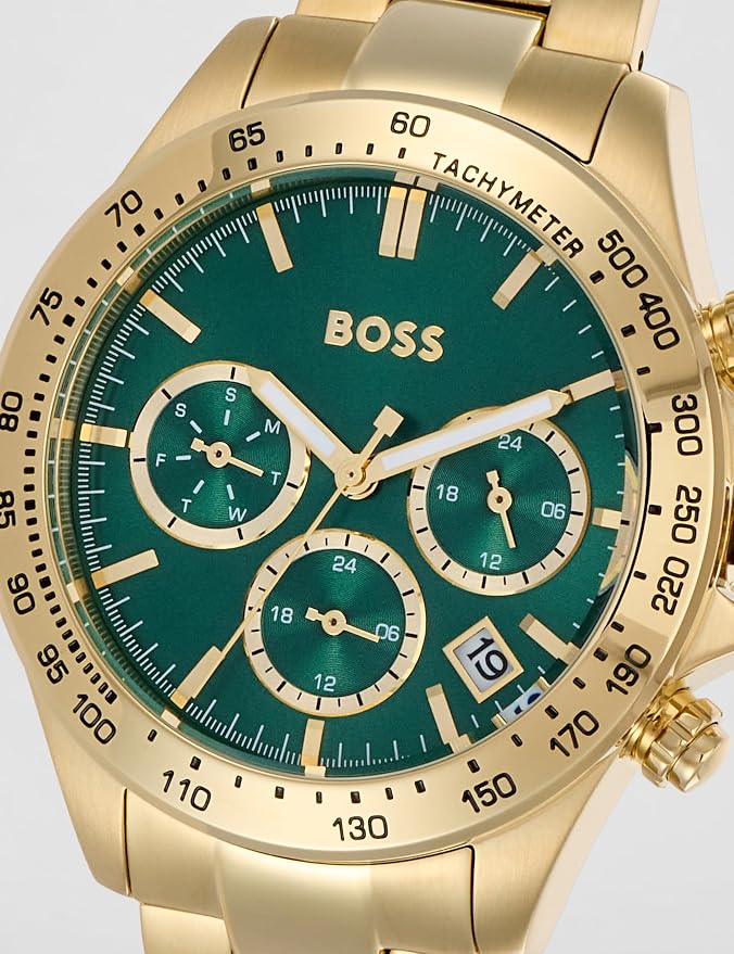 BOSS Novia - Le Qtz Multifunction Green Round Dial Women's Watch|Ionic Plated Thin Gold Steel Material|Gold Color Band