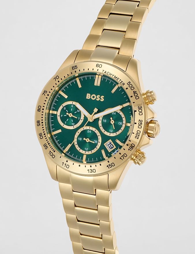 BOSS Novia - Le Qtz Multifunction Green Round Dial Women's Watch|Ionic Plated Thin Gold Steel Material|Gold Color Band