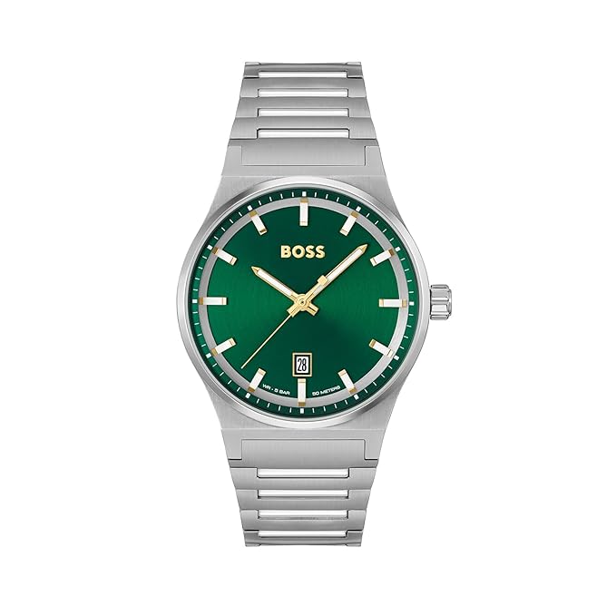Click to see full view BOSS Candor Qtz Basic Calendar Green Round Dial Men's Analog Watch|Stainless Steel Material|Silver Color Band