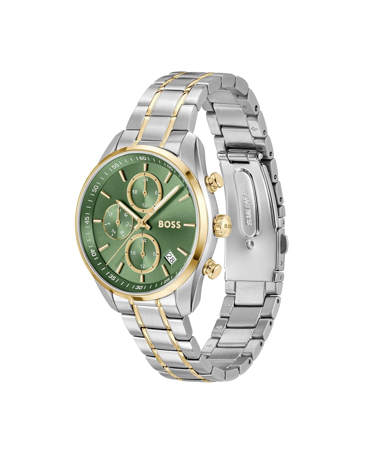 BOSS Grand Tour Ladies Qtz Chrono Green Round Dial Women's Watch|Two Tone Stainless Steel Material|Silver Color Band
