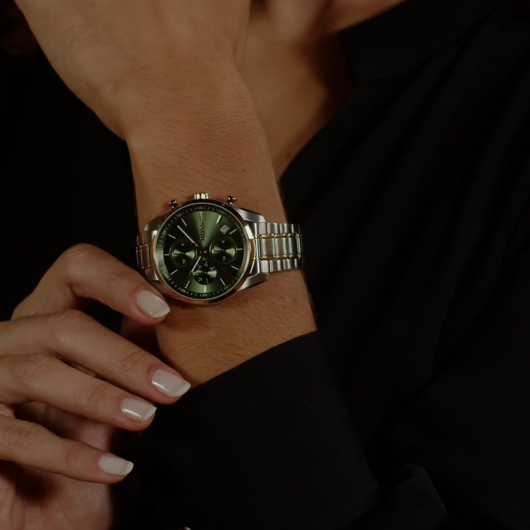 BOSS Grand Tour Ladies Qtz Chrono Green Round Dial Women's Watch|Two Tone Stainless Steel Material|Silver Color Band