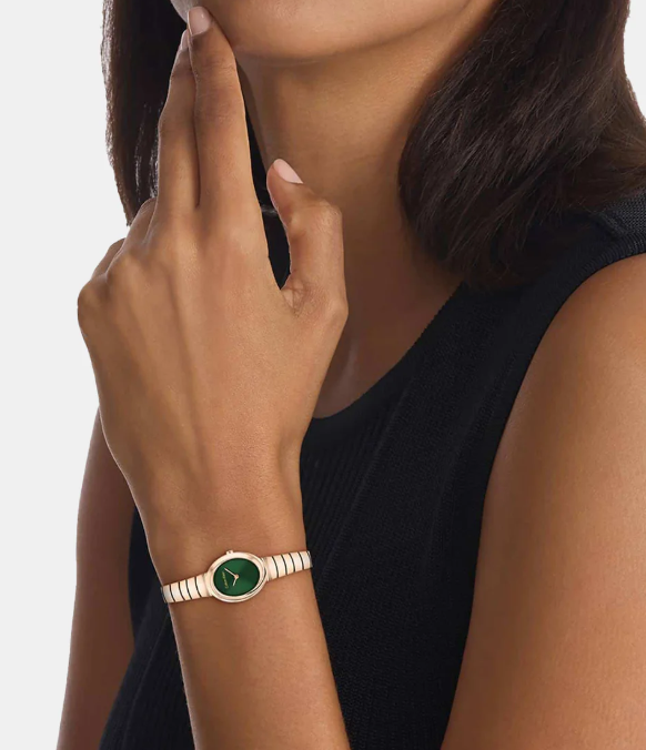 Twisted Bezel Women Quartz Green Dial Analog Stainless Steel Watch