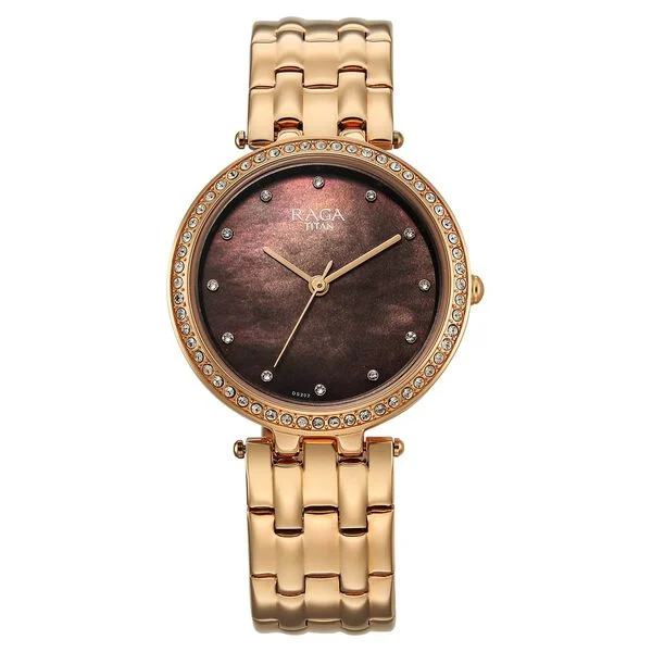 Titan Raga DEC Blaze Quartz Analog Brown Mother Of Pearl Dial Rose Gold Metal Strap Watch For Women