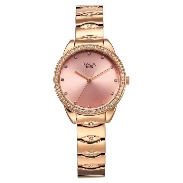 Titan Raga Showstopper Quartz Analog Pink Round Dial Rose Gold Metal Strap Watch For Women