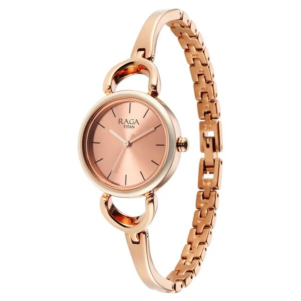 Titan Raga Quartz Analog Rose Gold Round Shaped Dial Rose Gold Metal Strap Watch For Women