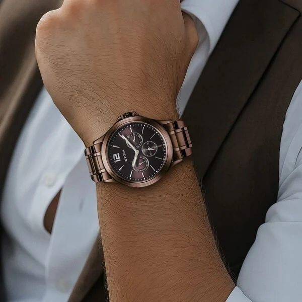 Titan Neo Splash Quartz Multifunction Brown Dial Stainless Steel Strap Watch for Men