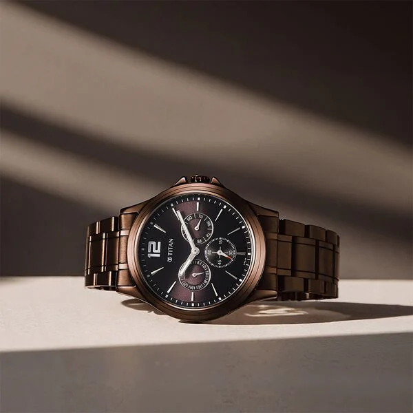 Titan Neo Splash Quartz Multifunction Brown Dial Stainless Steel Strap Watch for Men