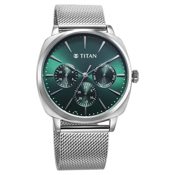 Titan Classique Suave Quartz Green Dial Silver Stainless Steel Mesh Strap Watch for Men