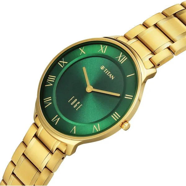 Titan Edge Gleam Quartz Analog Green Dial Golden Stainless Steel Strap Watch For Men