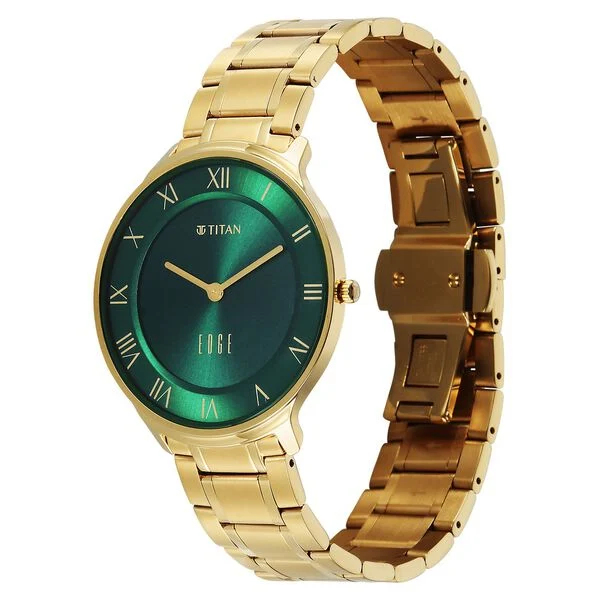 Titan Edge Gleam Quartz Analog Green Dial Golden Stainless Steel Strap Watch For Men