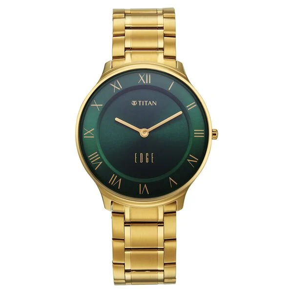Titan Edge Gleam Quartz Analog Green Dial Golden Stainless Steel Strap Watch For Men