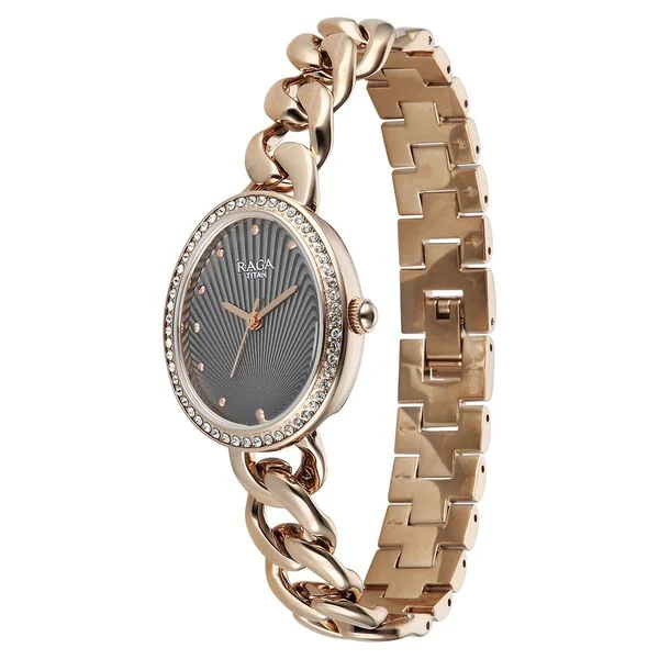 Titan Raga Spotlight Quartz Analog Grey Dial Rose Gold Metal Strap Watch For Women
