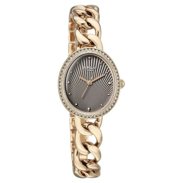 Titan Raga Spotlight Quartz Analog Grey Dial Rose Gold Metal Strap Watch For Women