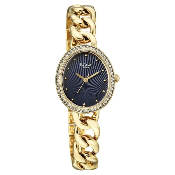Titan Raga Spotlight Quartz Analog Blue Dial Golden Metal Strap Watch For Women