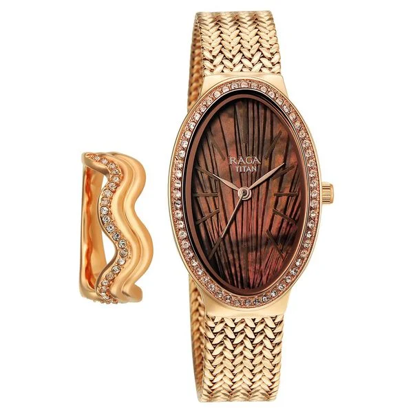 Titan Raga Glimmers Quartz Analog Brown Mother Of Pearl Dial Rose Gold Metal Strap Watch For Women