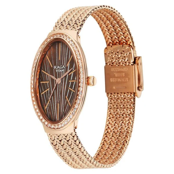 Titan Raga Glimmers Quartz Analog Brown Mother Of Pearl Dial Rose Gold Metal Strap Watch For Women