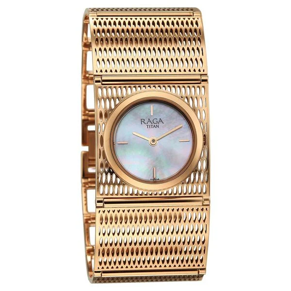 Titan Raga Ethereal Quartz Analog White Mother Of Pearl Dial Rose Gold Stainless Steel Strap Watch For Women