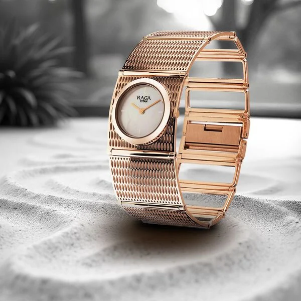 Titan Raga Ethereal Quartz Analog White Mother Of Pearl Dial Rose Gold Stainless Steel Strap Watch For Women