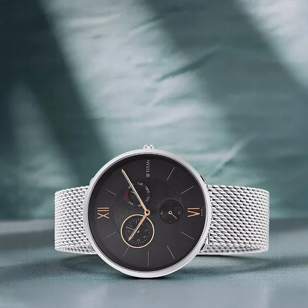 Titan Slim Quartz Multifunction Black Dial Stainless Steel Strap watch for Men