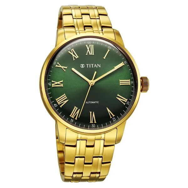 Titan Aurelian Concealed Automatic Analog with Green Dial Roman Numerals Yellow Gold Stainless Steel Strap Watch for Men