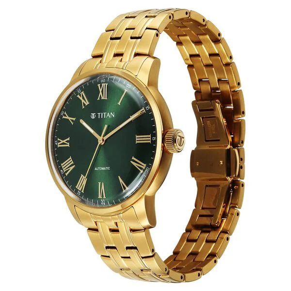 Titan Aurelian Concealed Automatic Analog with Green Dial Roman Numerals Yellow Gold Stainless Steel Strap Watch for Men