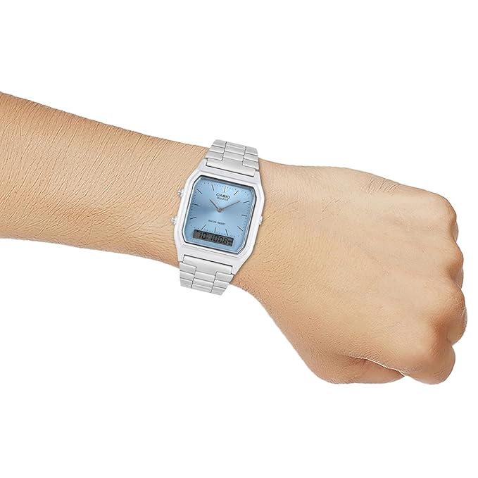 Casio Unisex Vintage AQ-230A-2A1MQYDF Blue Analog-Digital Dial Silver Stainless Steel Band