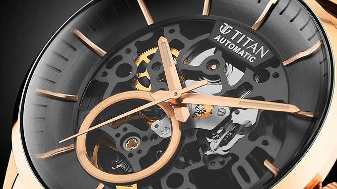 Titan Ceramic Fusion Automatic Anthracite Dial Two Toned Rose Gold and Grey Stainless Steel Bracelet Watch for Men