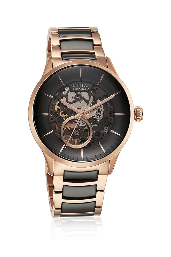 Titan Ceramic Fusion Automatic Anthracite Dial Two Toned Rose Gold and Grey Stainless Steel Bracelet Watch for Men