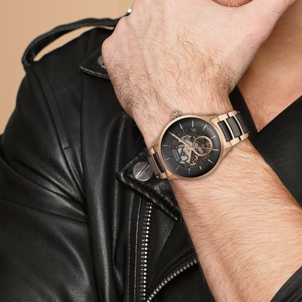 Titan Ceramic Fusion Automatic Anthracite Dial Two Toned Rose Gold and Grey Stainless Steel Bracelet Watch for Men