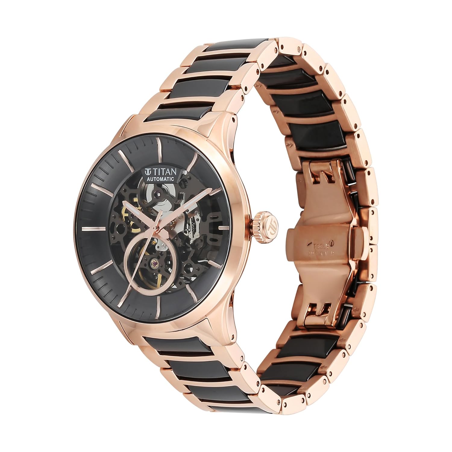 Titan Ceramic Fusion Automatic Anthracite Dial Two Toned Rose Gold and Grey Stainless Steel Bracelet Watch for Men