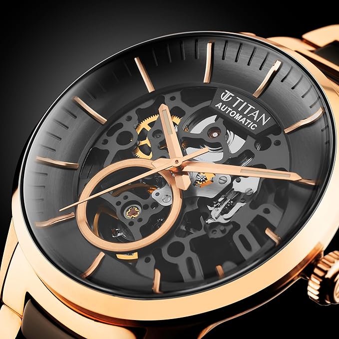 Titan Ceramic Fusion Automatic Anthracite Dial Two Toned Rose Gold and Grey Stainless Steel Bracelet Watch for Men