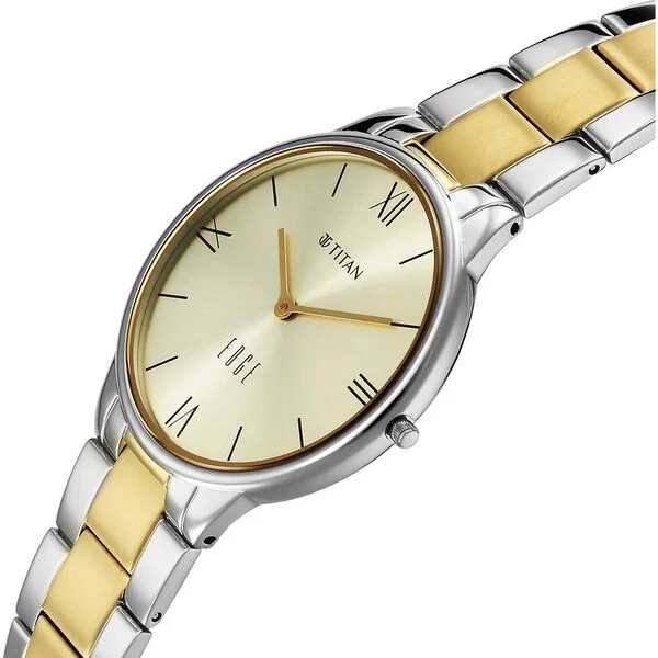 Titan Edge Gleam Quartz Analog Champagne Dial Two Toned Stainless Steel Strap Watch For Women