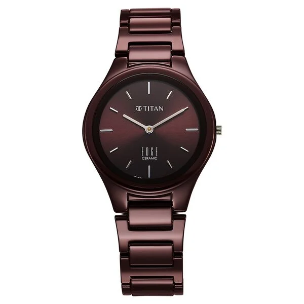Titan Edge Wine Ceramic Quartz Analog Maroon Dial Red Ceramic Strap Watch For Women
